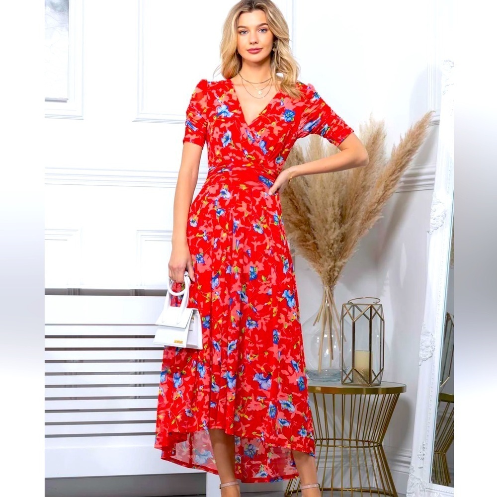 Karina Red Floral Ruched Mesh Maxi Dress S/M